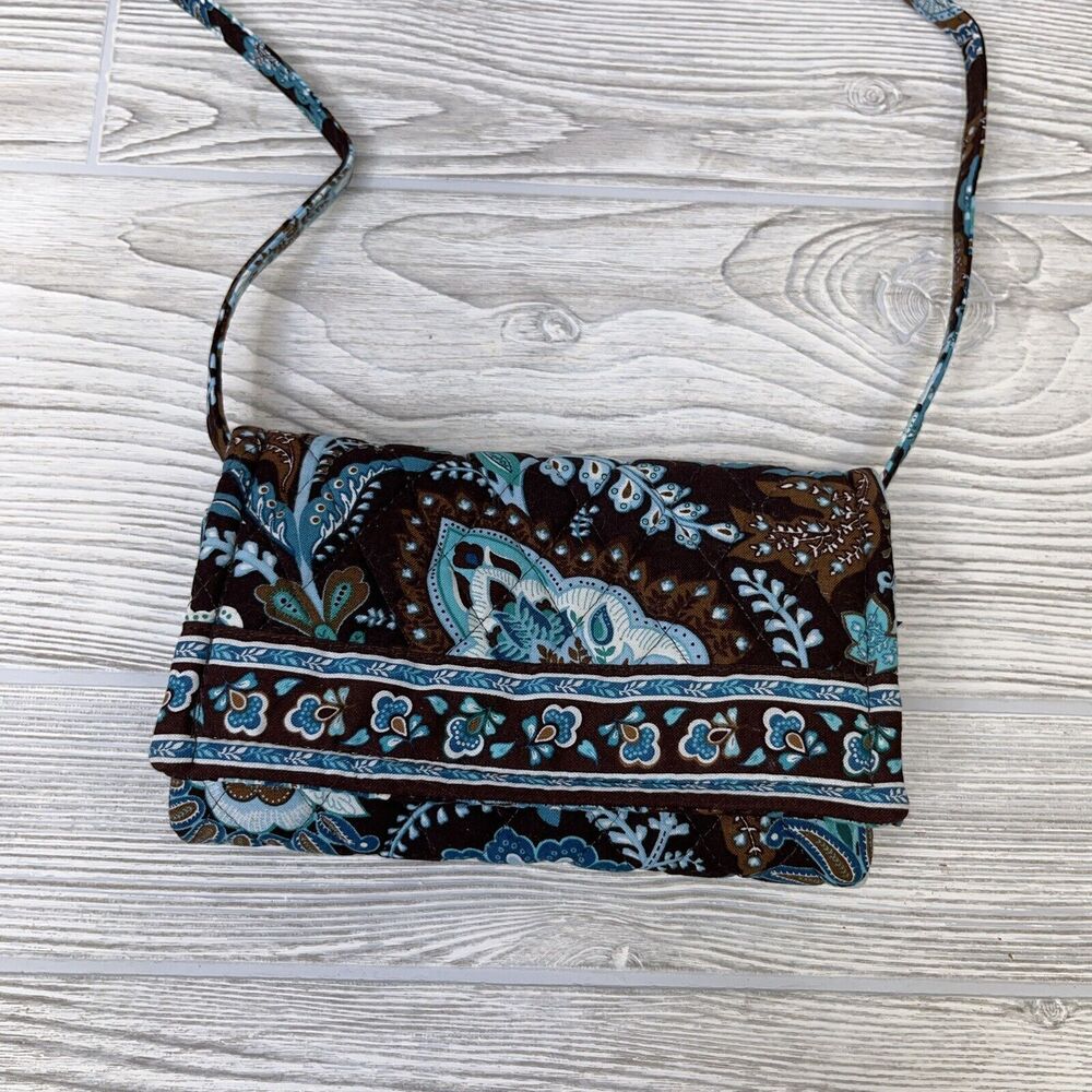 Vera Bradely Sleek Trifold Wallet with Strap Quilted Brown & Teal Paisley USA